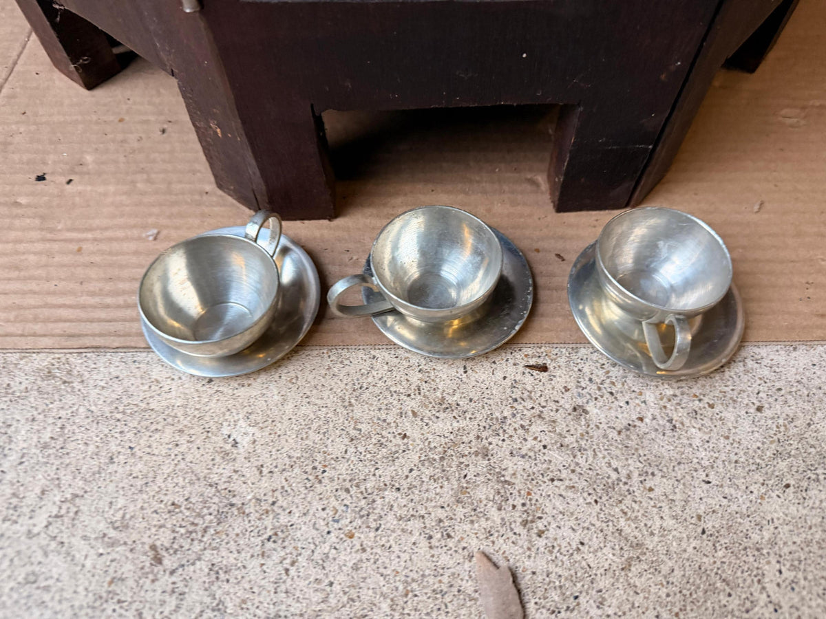 Vintage Banka Tin Pewter Demitasse Cups Saucers Set Djakarta MCM 3pc