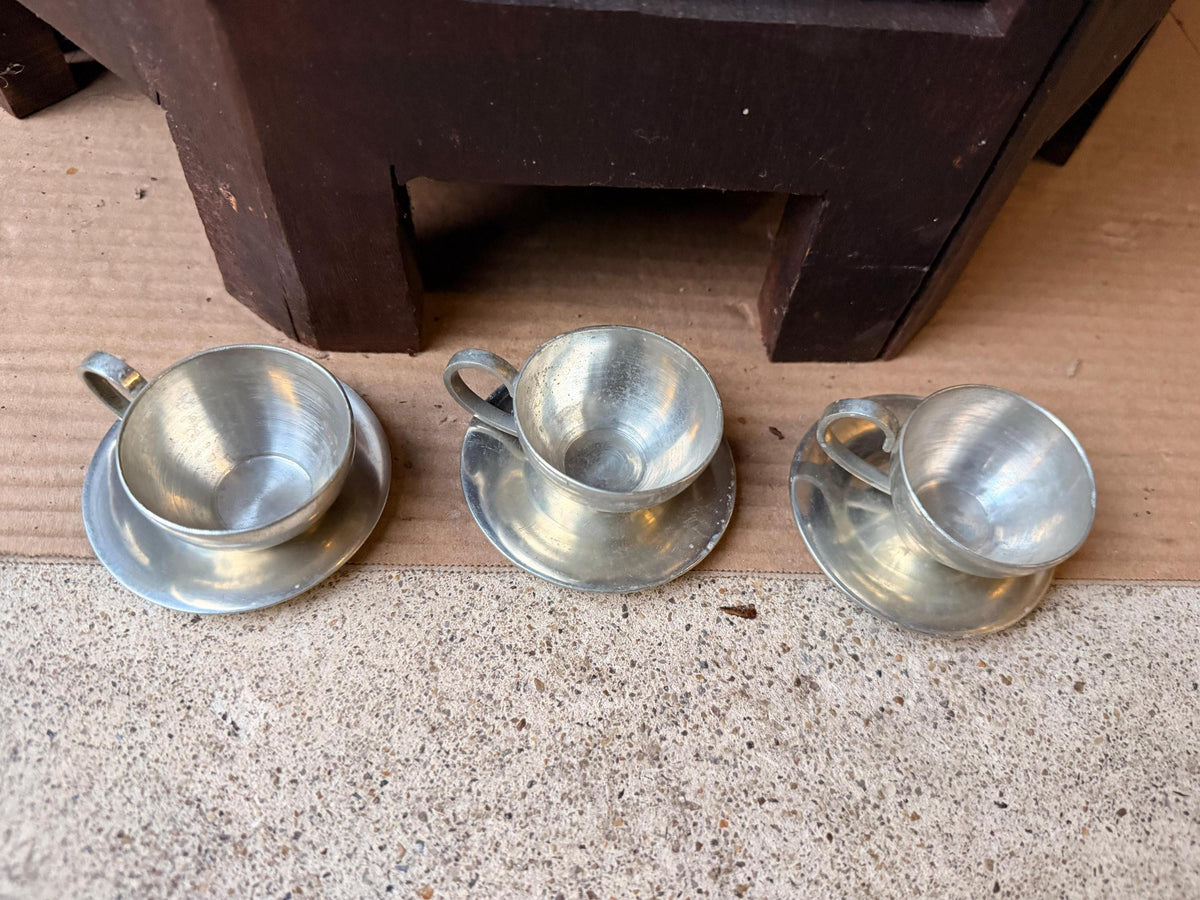 Vintage Banka Tin Pewter Demitasse Cups Saucers Set Djakarta MCM 3pc