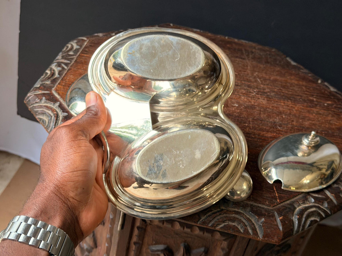 Vintage Walker & Hall Silver Plate Double Condiment Server Jam Dish Lids Spoons