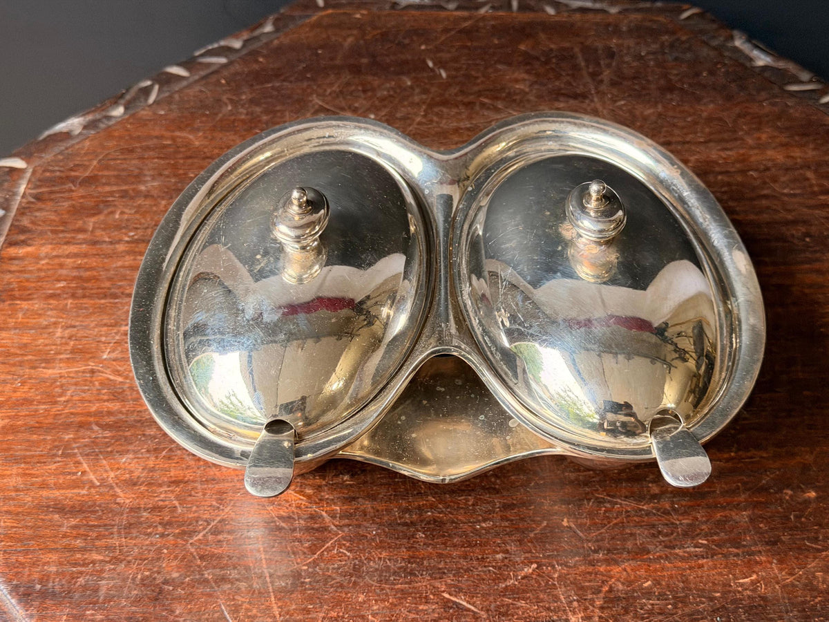 Vintage Walker & Hall Silver Plate Double Condiment Server Jam Dish Lids Spoons