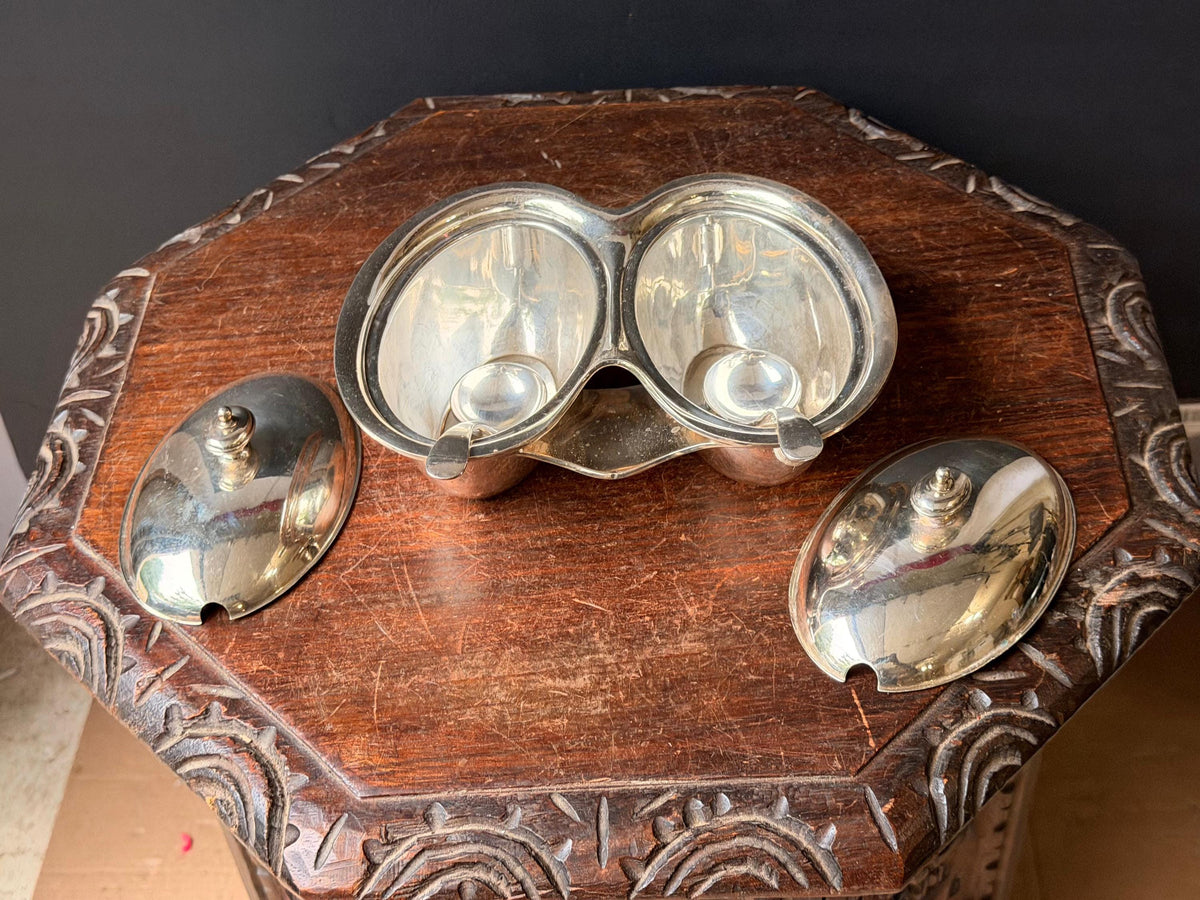 Vintage Walker & Hall Silver Plate Double Condiment Server Jam Dish Lids Spoons