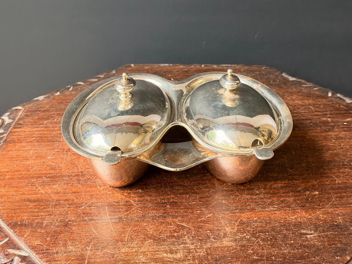 Vintage Walker & Hall Silver Plate Double Condiment Server Jam Dish Lids Spoons