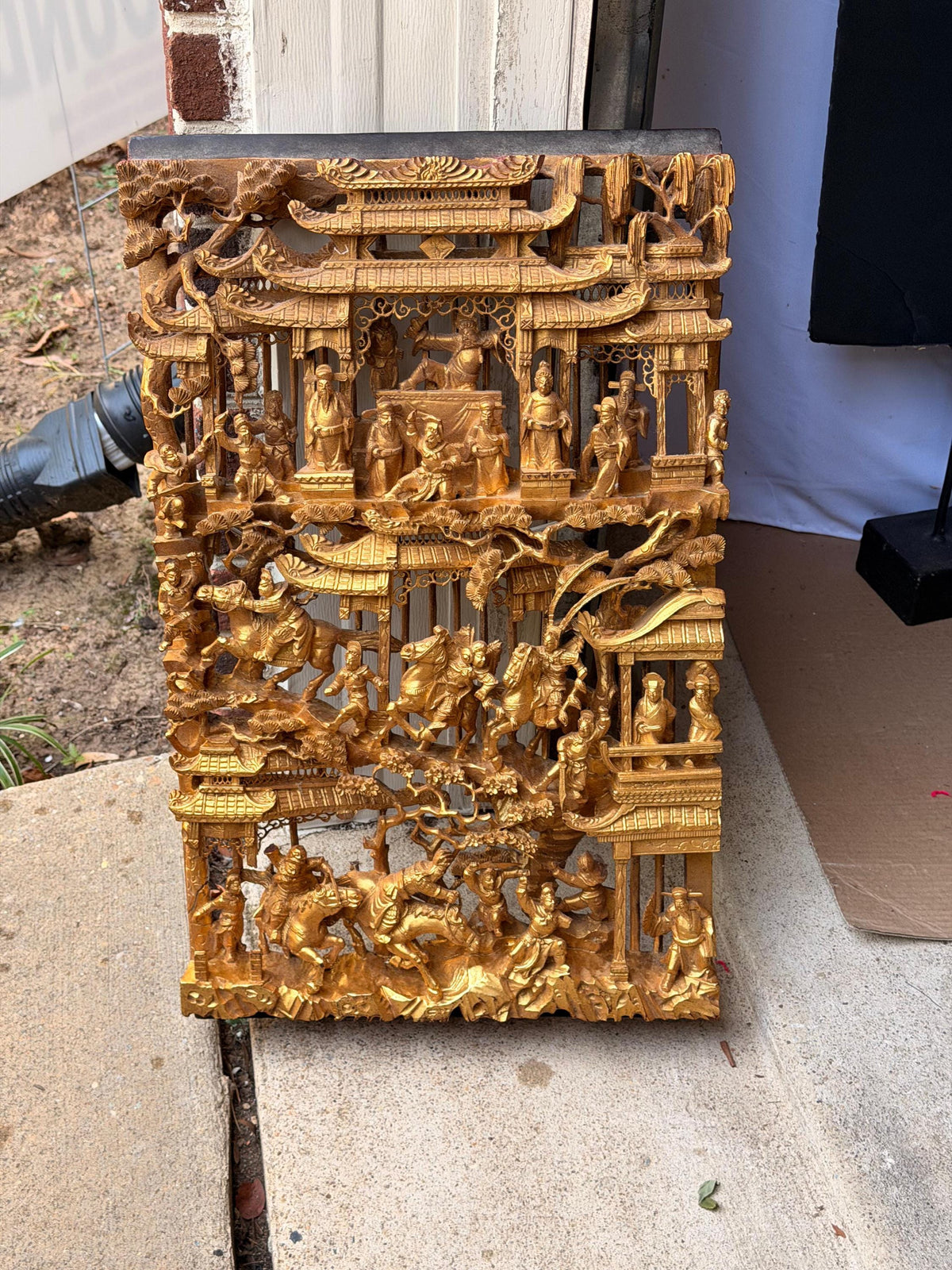 Vintage Giltwood Architectural Wall Panel Relief Carving Narrative Plaque 25"