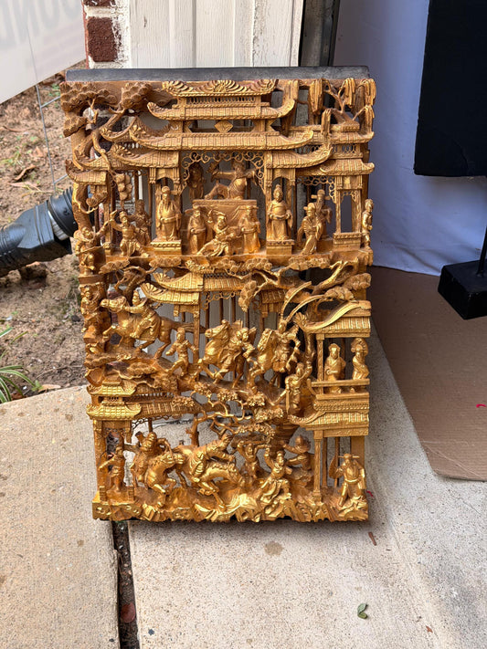 Vintage Giltwood Architectural Wall Panel Relief Carving Narrative Plaque 25"
