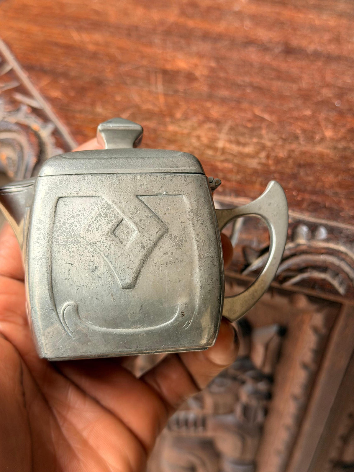 Antique Jugendstil Pewter Cream Pitcher Hinged Lid Eduard Hueck Art Nouveau
