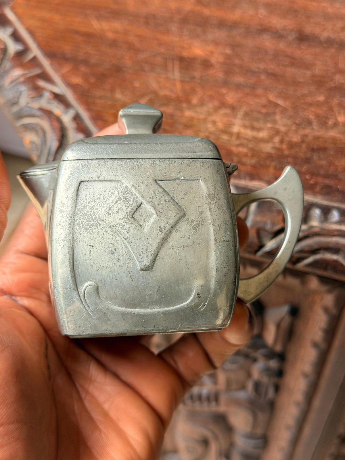 Antique Jugendstil Pewter Cream Pitcher Hinged Lid Eduard Hueck Art Nouveau