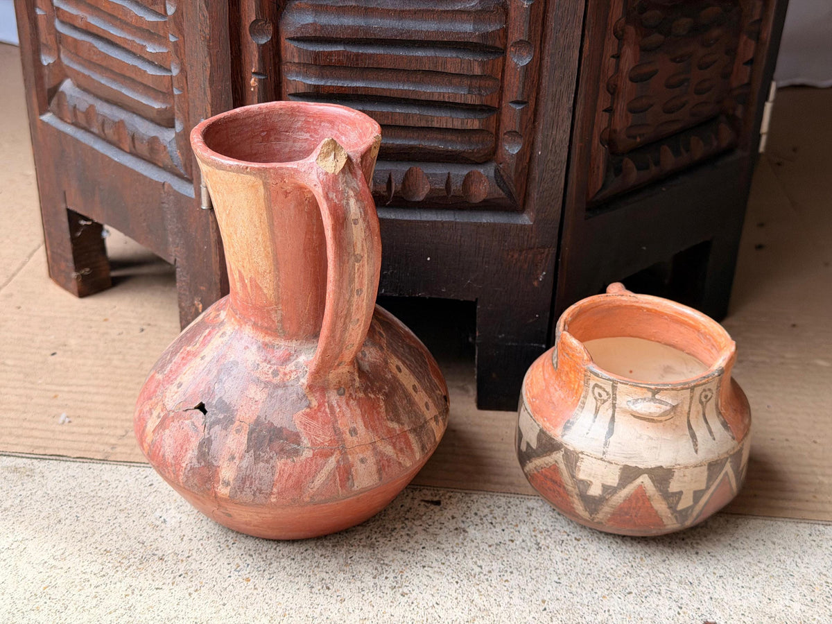 Vintage Chilean Terracotta Pitcher Pot Set Folk Art Signed Hand Painted Clay