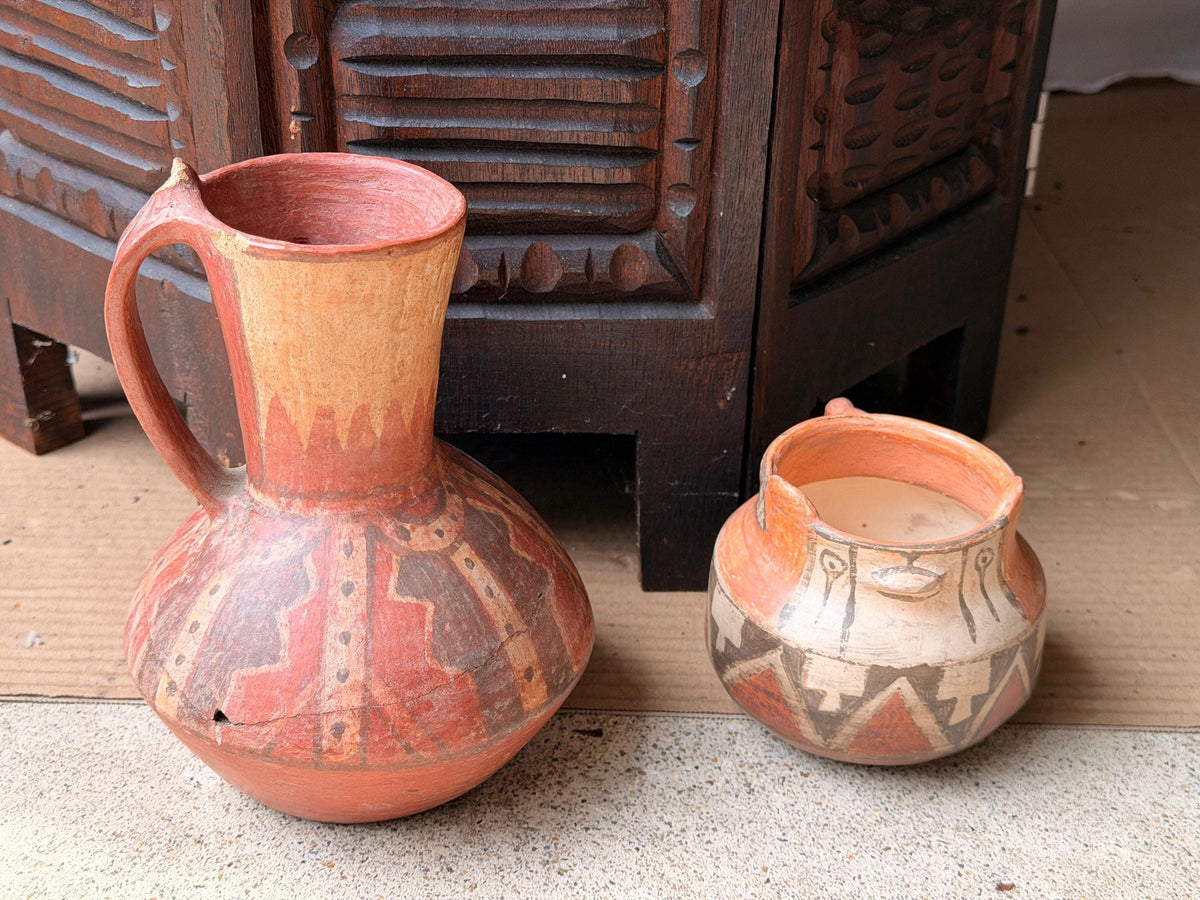 Vintage Chilean Terracotta Pitcher Pot Set Folk Art Signed Hand Painted Clay