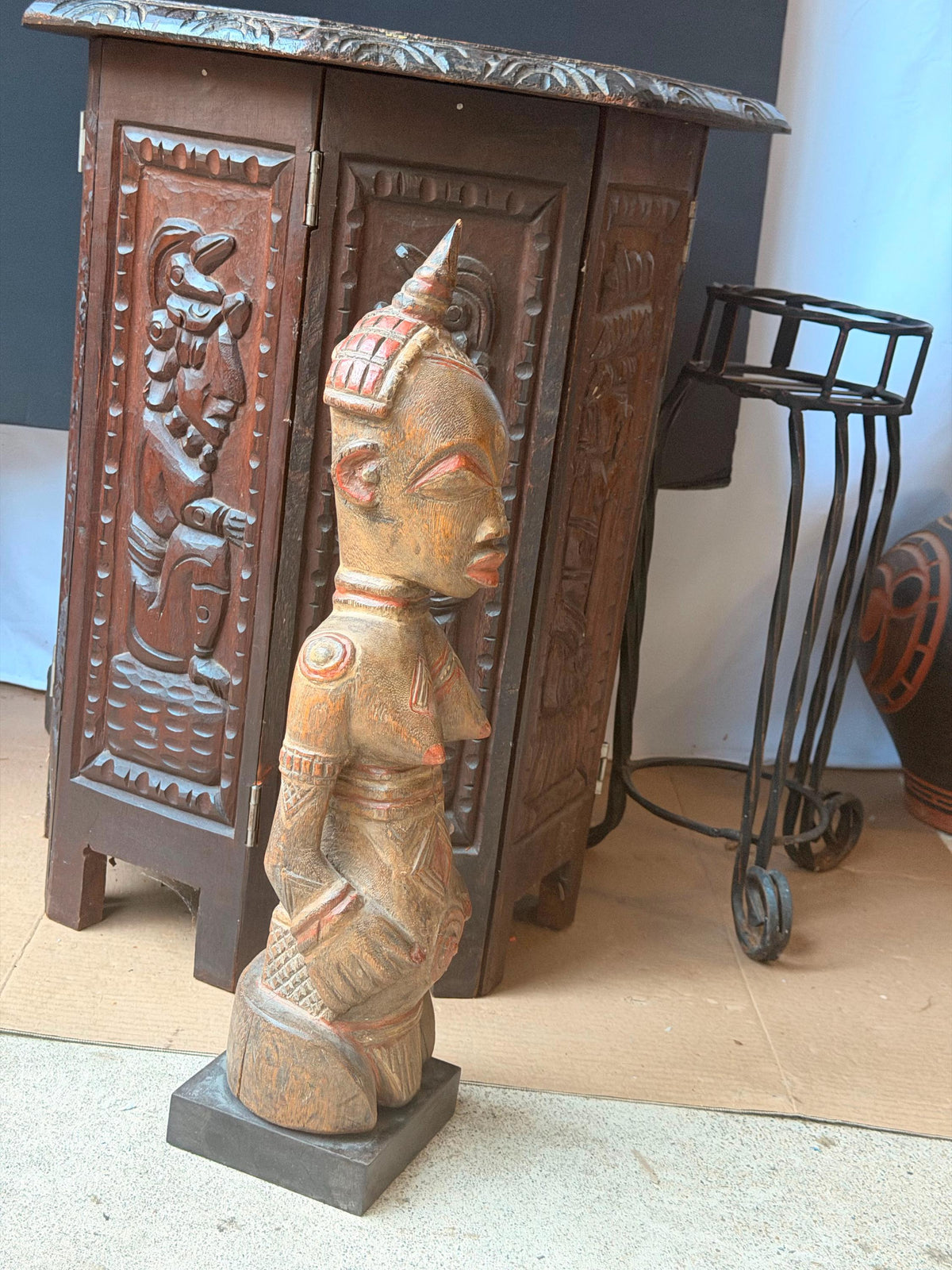Lulua African Carved Wood Female Statue Red Scarification Figure 20" Congo