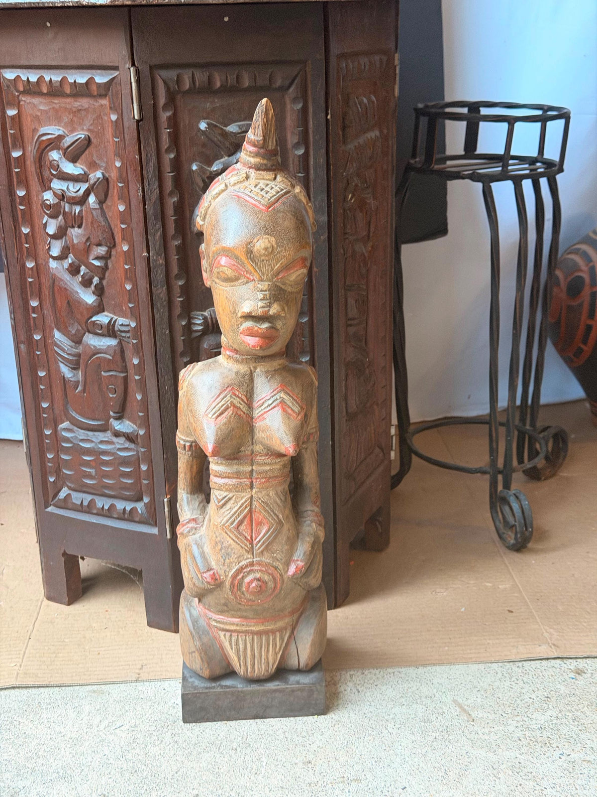 Lulua African Carved Wood Female Statue Red Scarification Figure 20" Congo