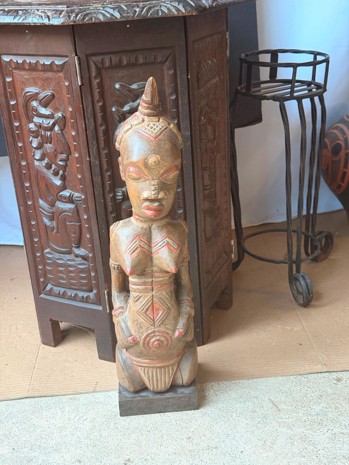 Lulua African Carved Wood Female Statue Red Scarification Figure 20" Congo
