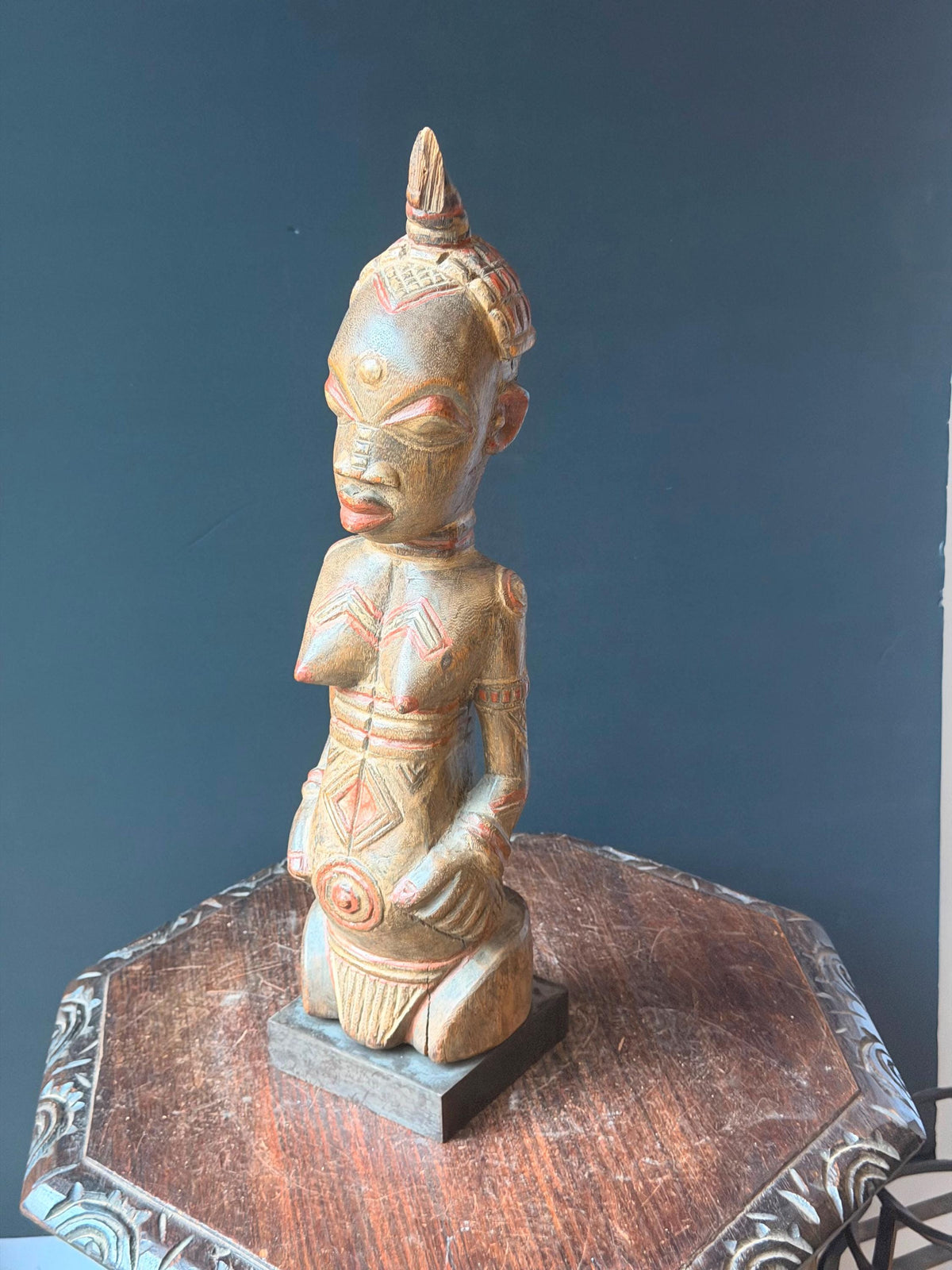 Lulua African Carved Wood Female Statue Red Scarification Figure 20" Congo