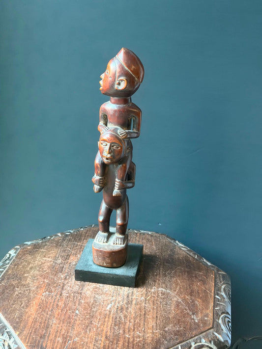 Kongo Yombe Carved Wood Piggyback Figure African Statue 16" DRC