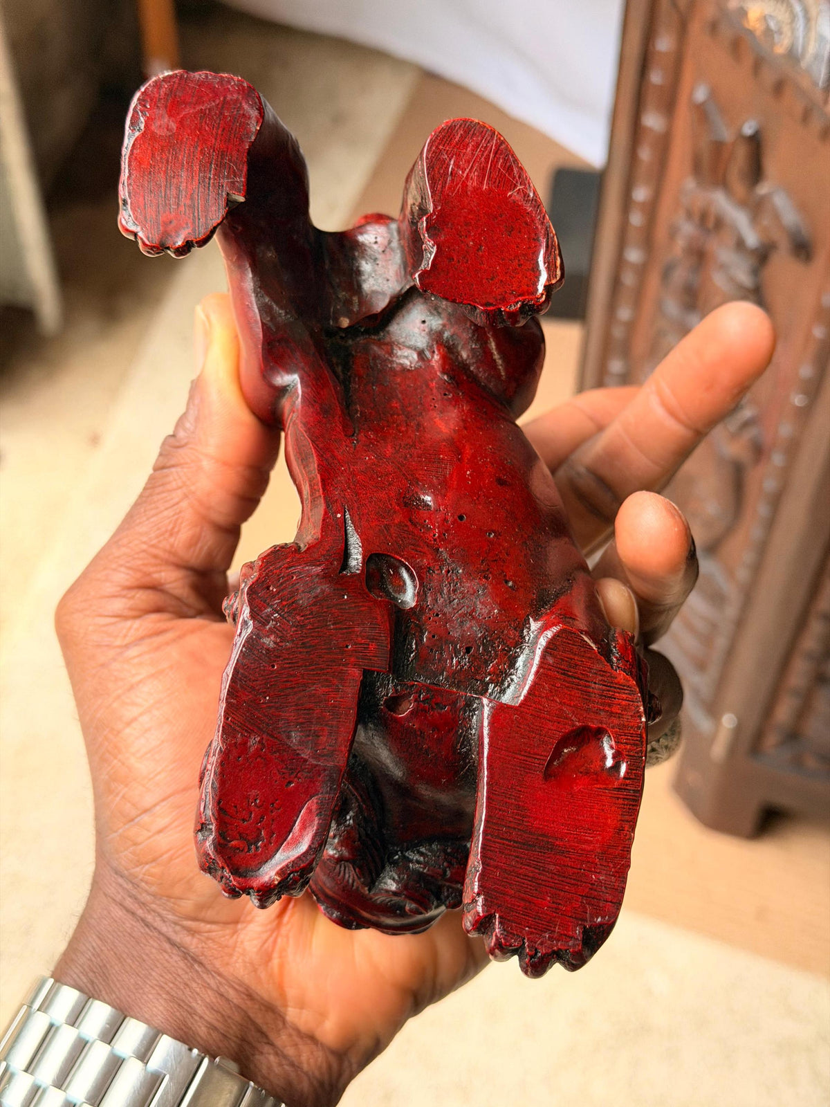 Vintage Cinnabar Red Foo Dog Statues Pair Crouching Guardian Lions 6"