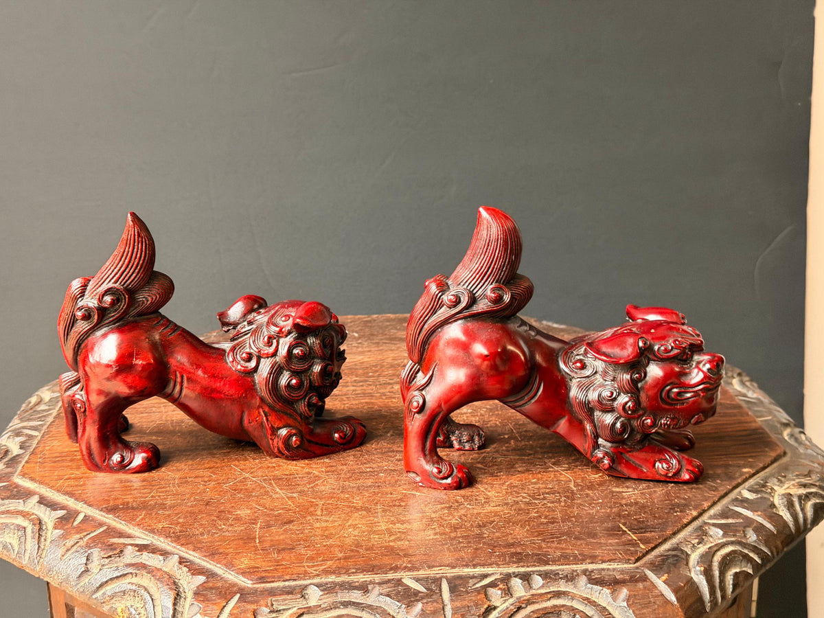 Vintage Cinnabar Red Foo Dog Statues Pair Crouching Guardian Lions 6"