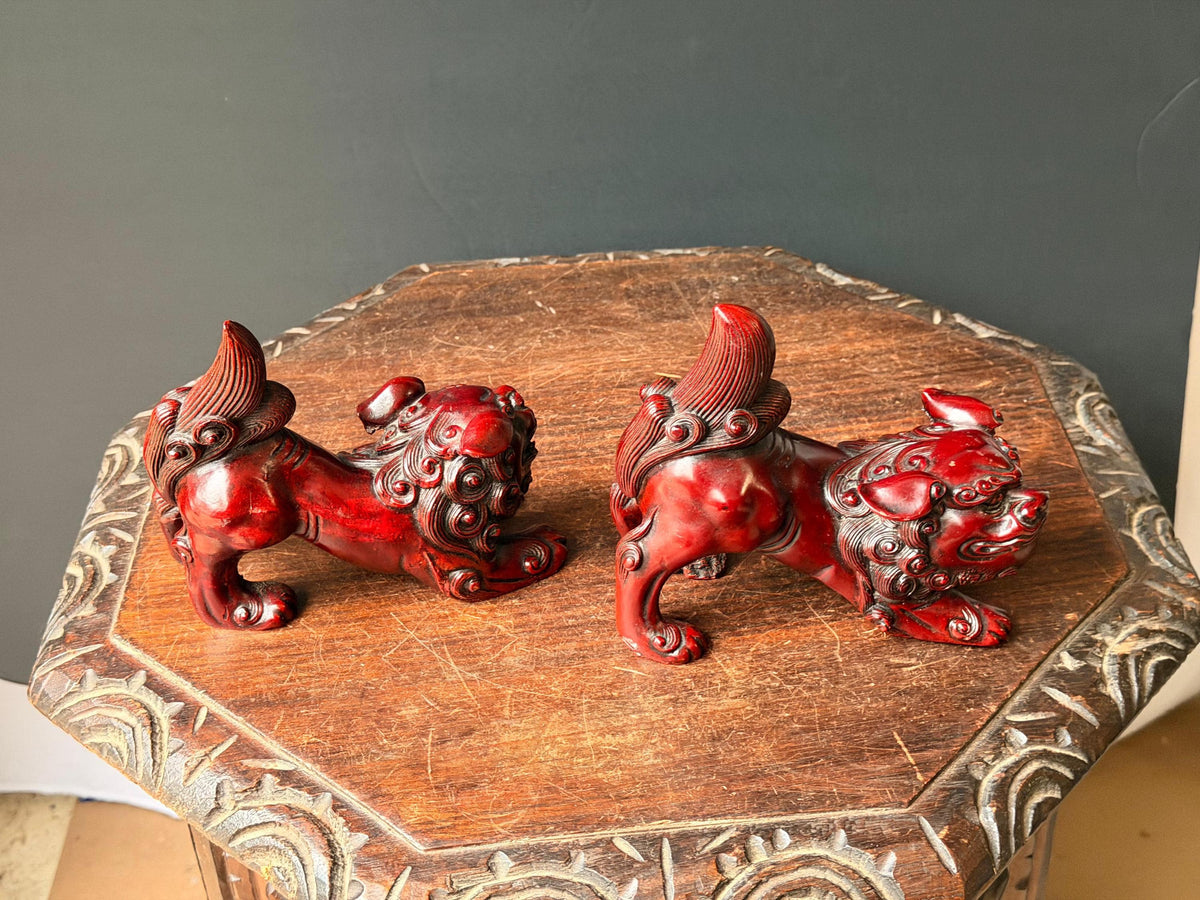 Vintage Cinnabar Red Foo Dog Statues Pair Crouching Guardian Lions 6"