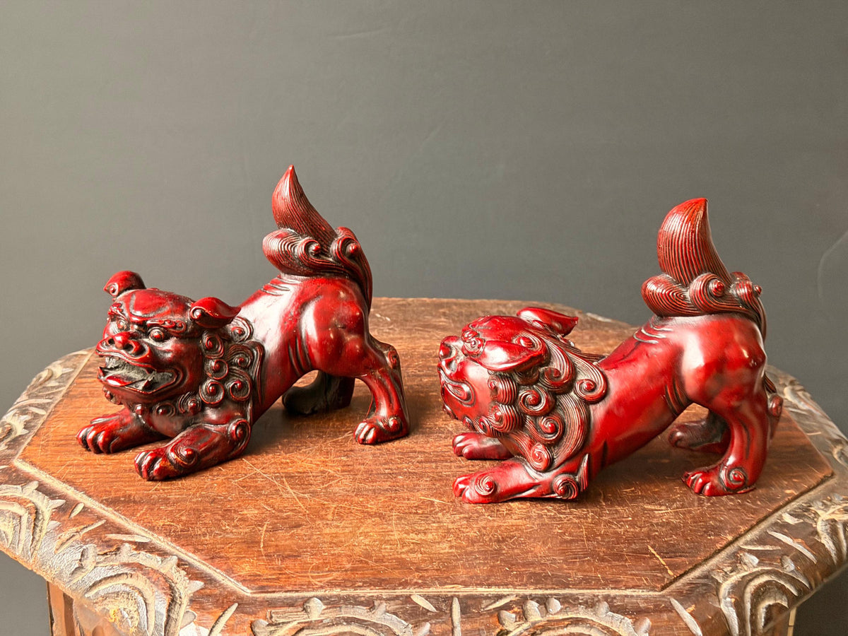 Vintage Cinnabar Red Foo Dog Statues Pair Crouching Guardian Lions 6"