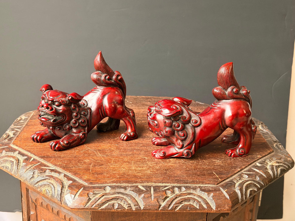 Vintage Cinnabar Red Foo Dog Statues Pair Crouching Guardian Lions 6"