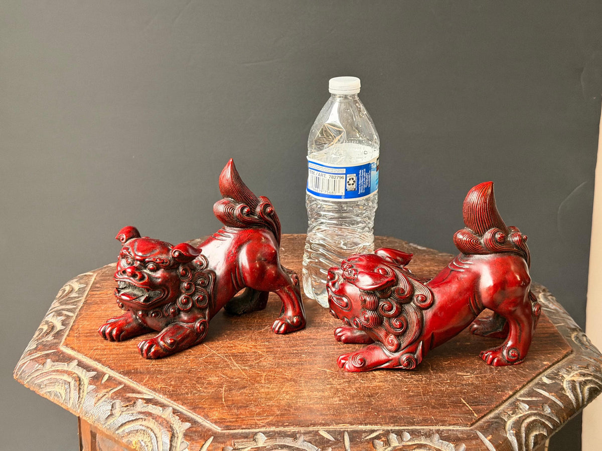 Vintage Cinnabar Red Foo Dog Statues Pair Crouching Guardian Lions 6"