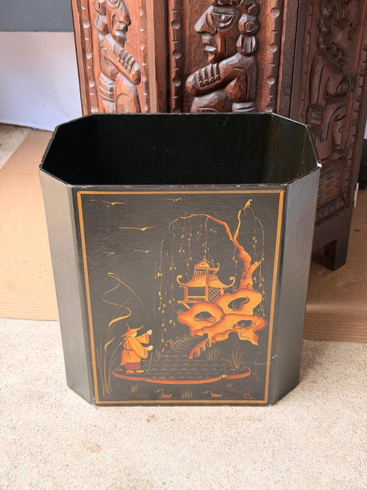 Vintage Don Andres Chinoiserie Octagonal Wastebasket Hand Painted Bin 11.5"