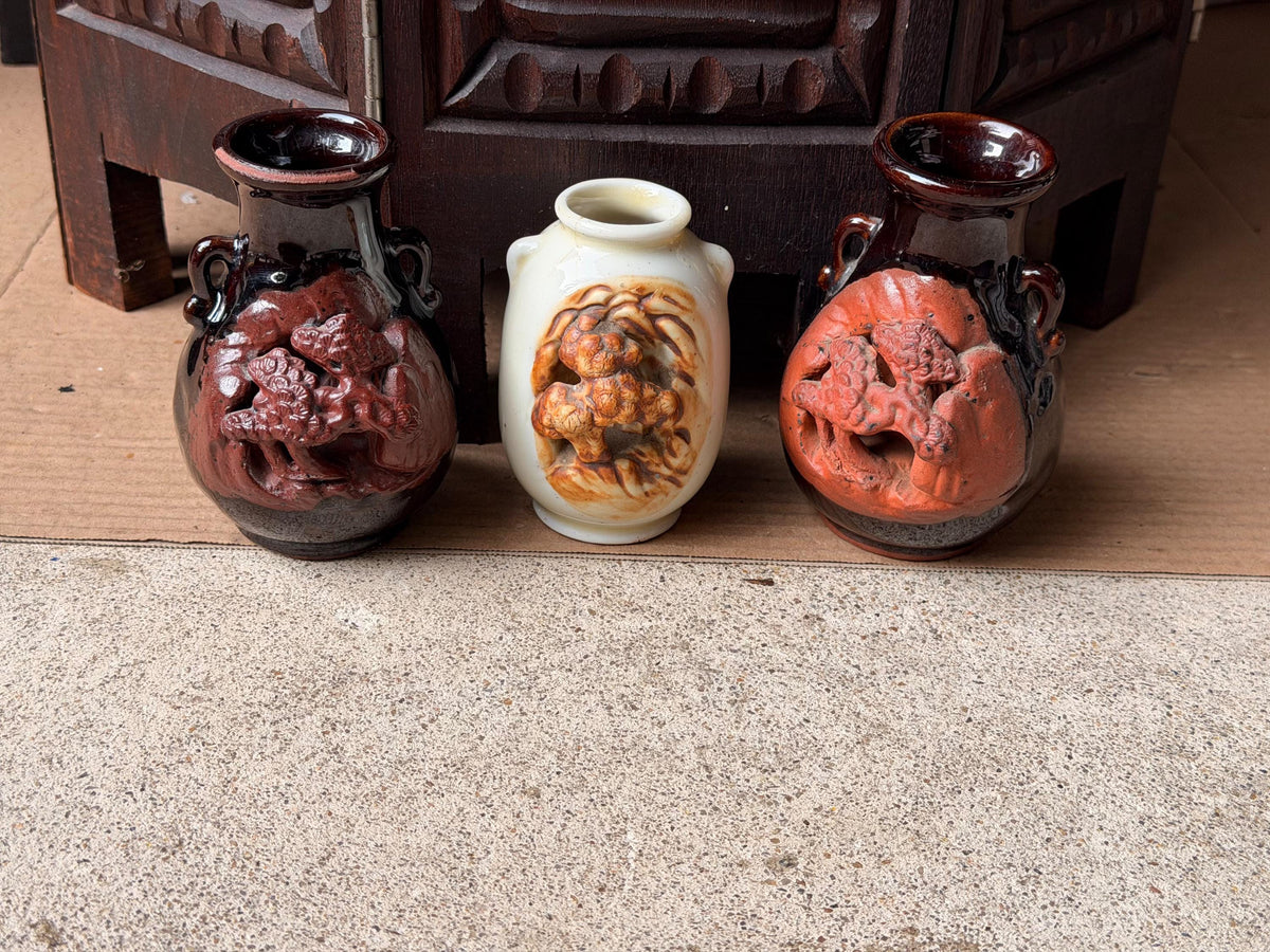 Vintage Japanese Pottery Miniature Vase Set 3 Carved Relief Pine Landscape MCM