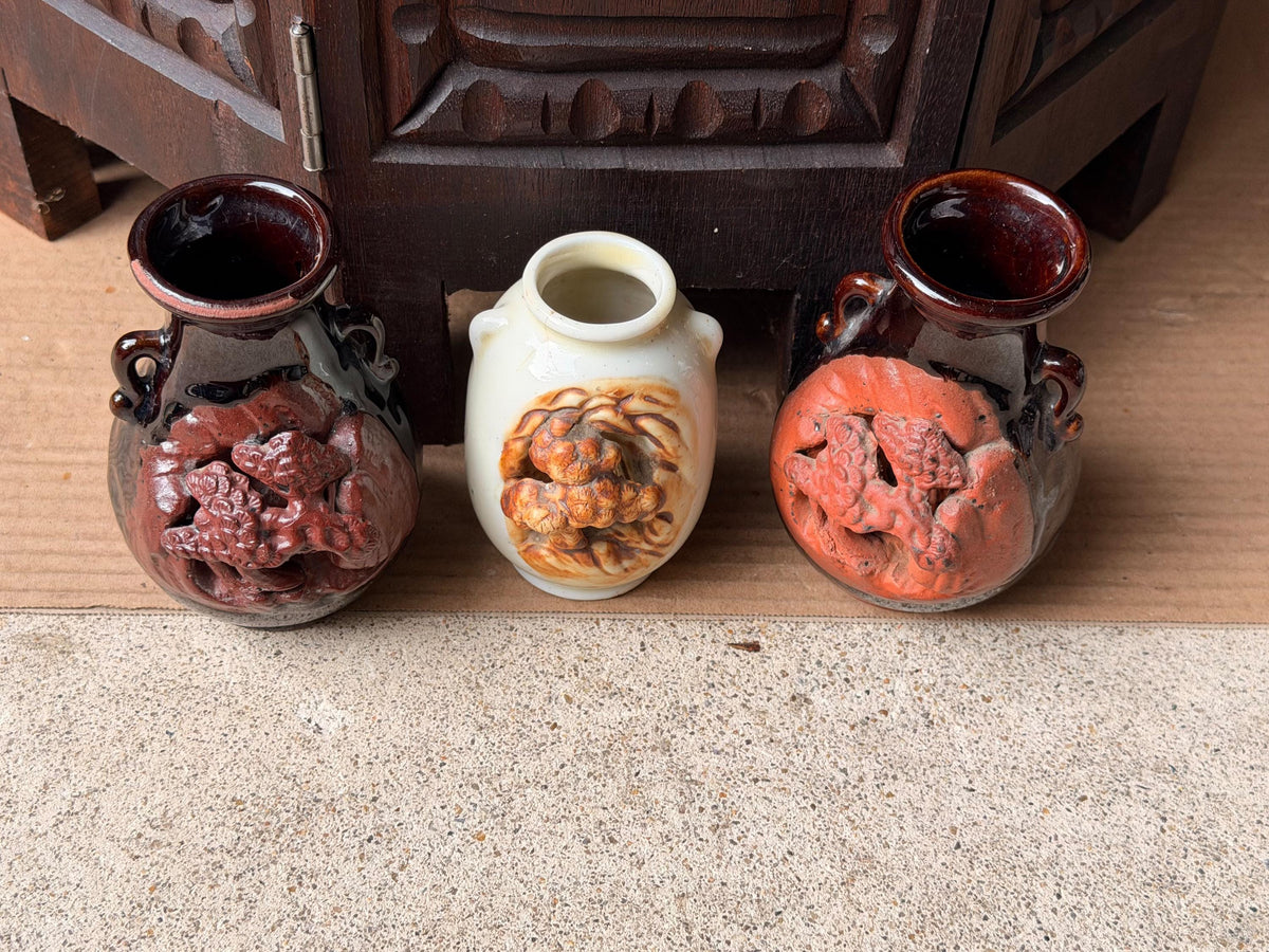 Vintage Japanese Pottery Miniature Vase Set 3 Carved Relief Pine Landscape MCM
