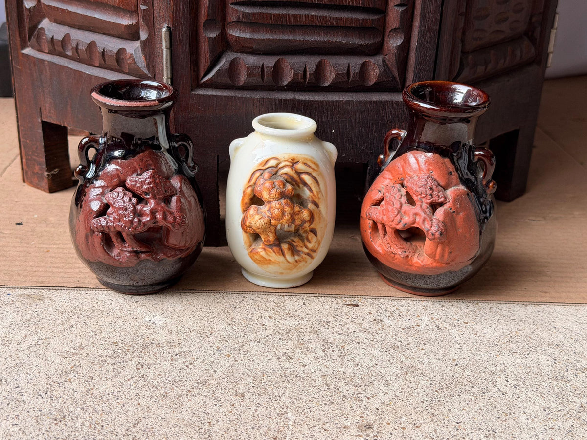 Vintage Japanese Pottery Miniature Vase Set 3 Carved Relief Pine Landscape MCM