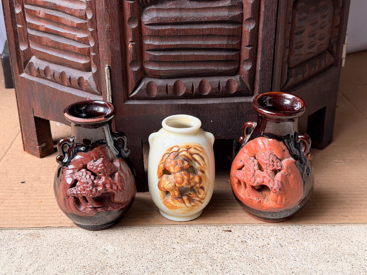 Vintage Japanese Pottery Miniature Vase Set 3 Carved Relief Pine Landscape MCM