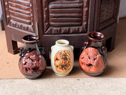 Vintage Japanese Pottery Miniature Vase Set 3 Carved Relief Pine Landscape MCM