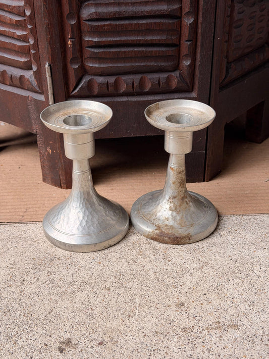 Vintage Hand Hammered Pewter Candlestick Pair Fakir Indonesia Metalware 5"