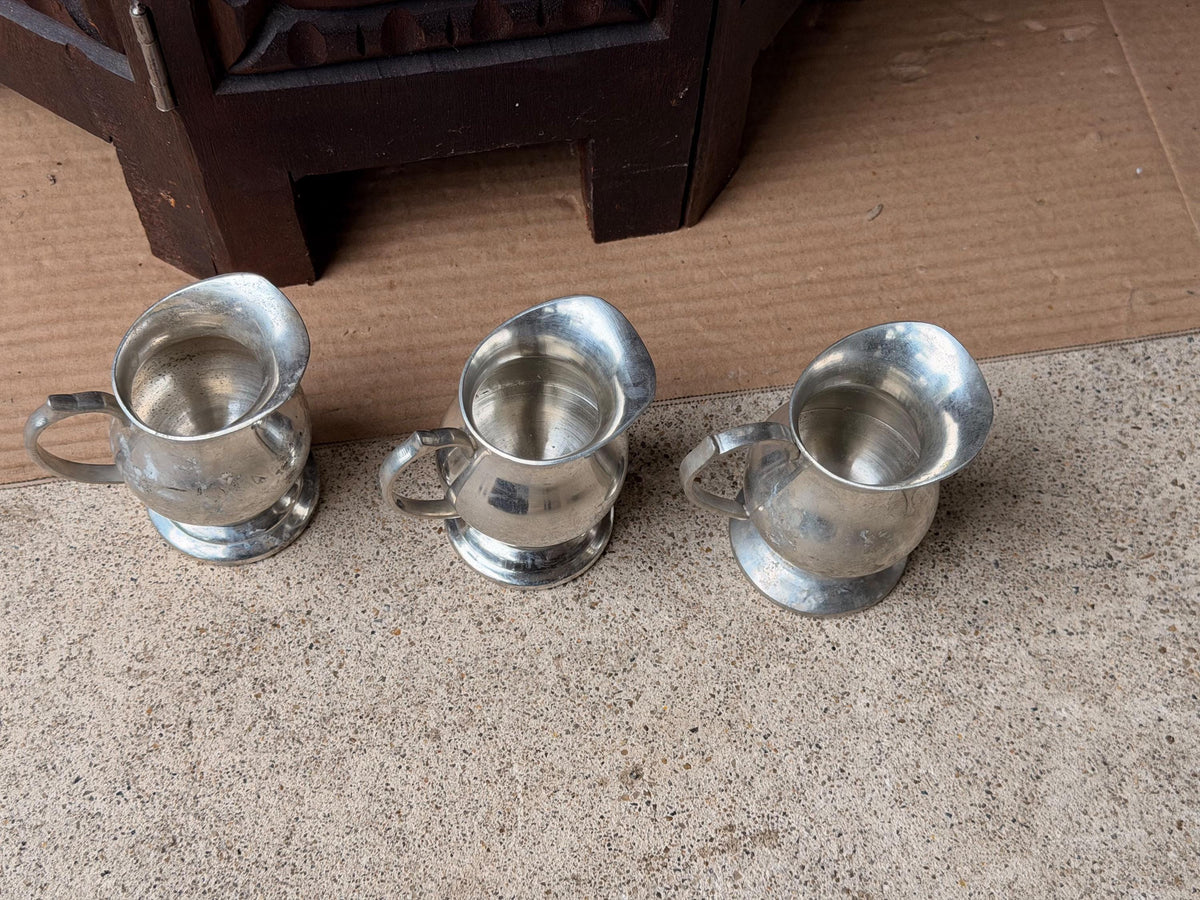 Vintage Pewter Mini Pitcher Trio Set of 3 Individual Creamers Footed 3.5"