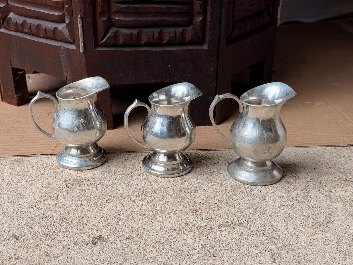 Vintage Pewter Mini Pitcher Trio Set of 3 Individual Creamers Footed 3.5"