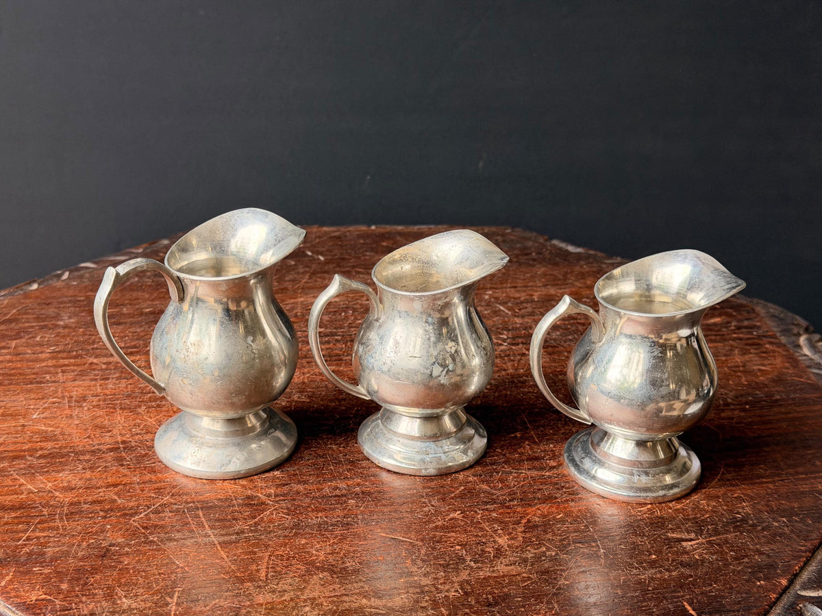 Vintage Pewter Mini Pitcher Trio Set of 3 Individual Creamers Footed 3.5"
