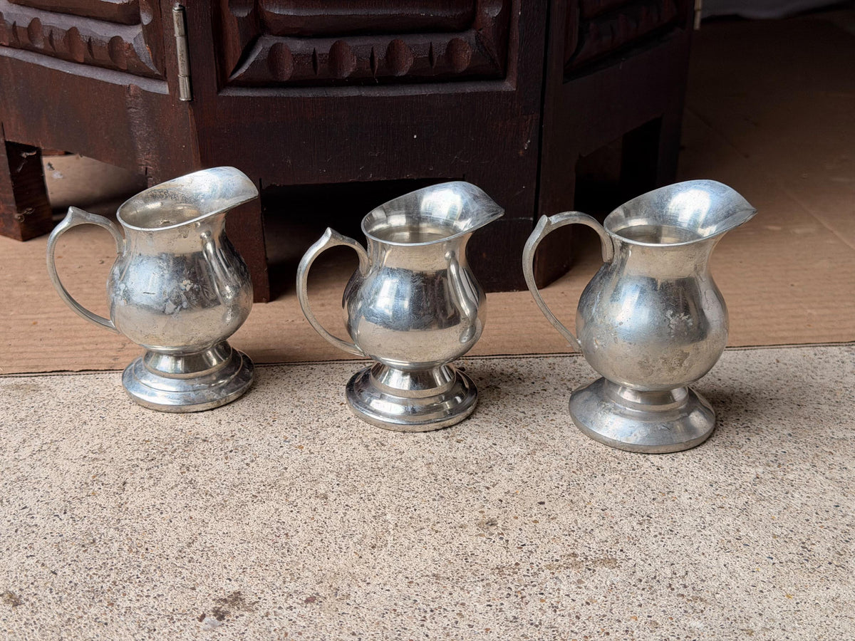 Vintage Pewter Mini Pitcher Trio Set of 3 Individual Creamers Footed 3.5"