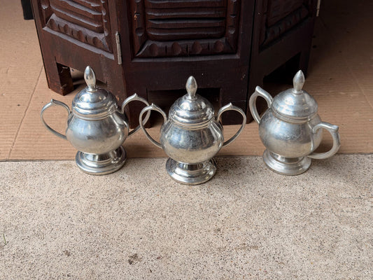 Vintage Banka Tin Sugar Bowl Trio John Wus Indonesia Covered Jars Lidded 5"