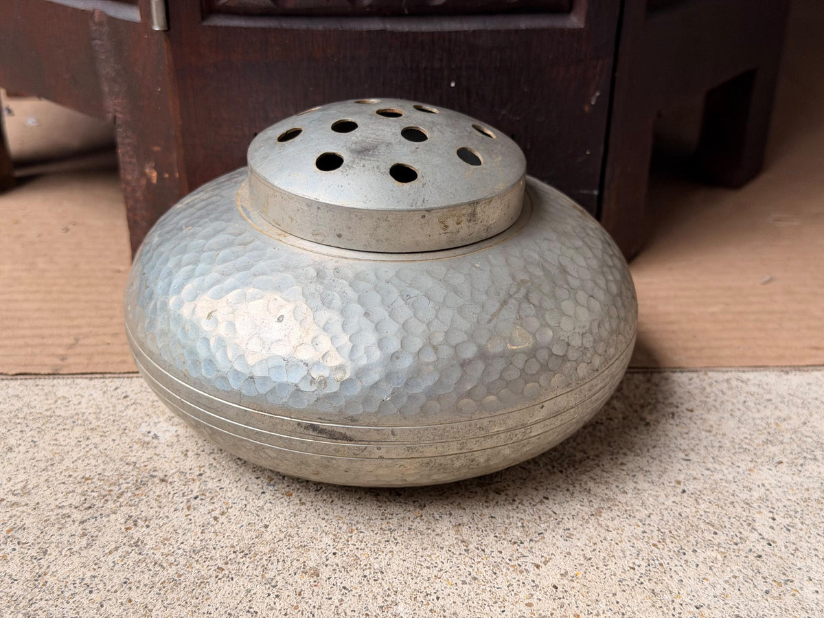 Vintage Hand Hammered Pewter Flower Frog Vessel Potpourri Jar 6.5 in