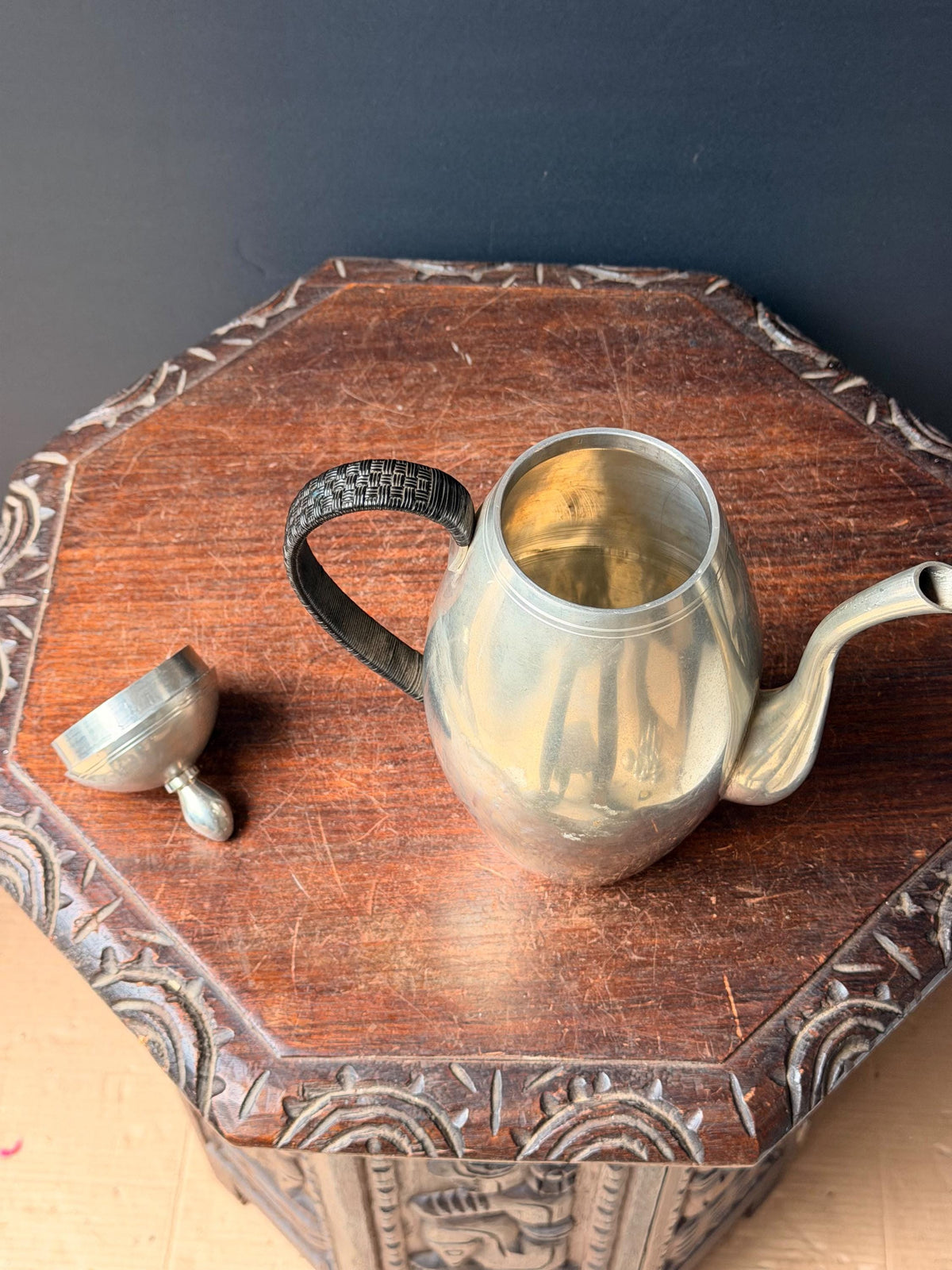Vintage Mid Century Bangka Tin Pewter Teapot Coffee Pitcher Woven Handle 10 in
