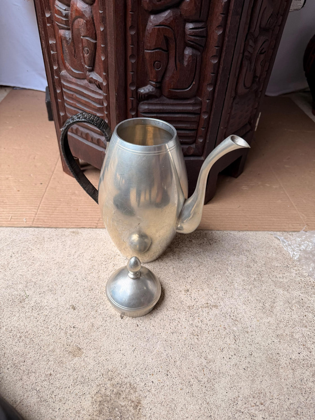 Vintage Mid Century Bangka Tin Pewter Teapot Coffee Pitcher Woven Handle 10 in