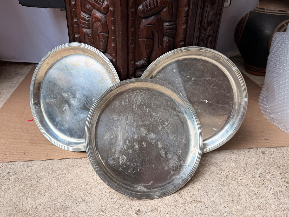 Vintage Banka Tin Pewter Serving Trays Charger Plates Set 3 Indonesia 10.2 in