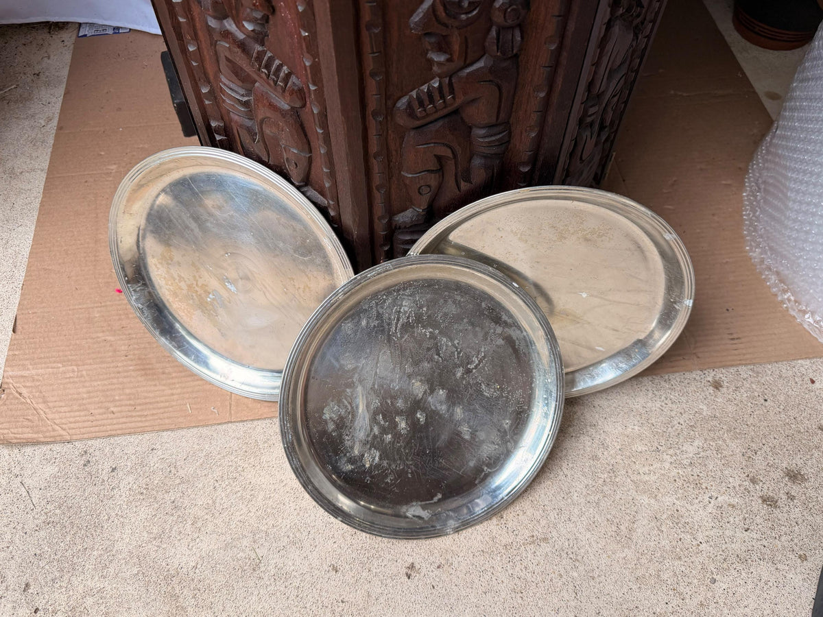Vintage Banka Tin Pewter Serving Trays Charger Plates Set 3 Indonesia 10.2 in