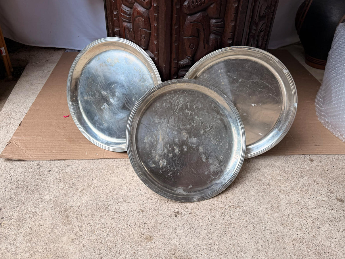 Vintage Banka Tin Pewter Serving Trays Charger Plates Set 3 Indonesia 10.2 in