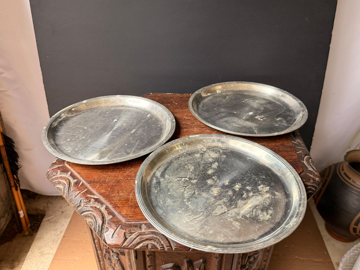 Vintage Banka Tin Pewter Serving Trays Charger Plates Set 3 Indonesia 10.2 in