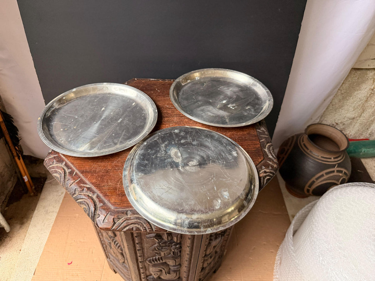 Vintage Banka Tin Pewter Serving Trays Charger Plates Set 3 Indonesia 10.2 in