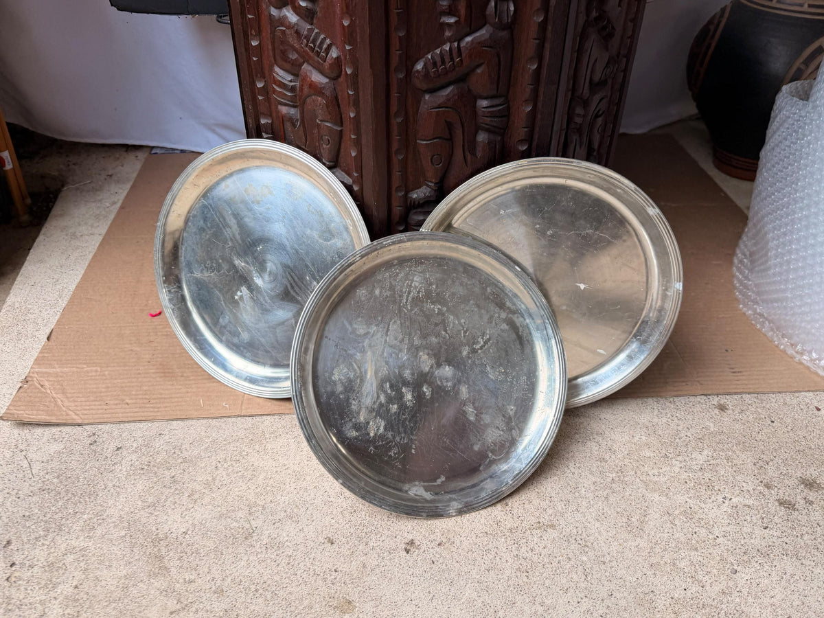 Vintage Banka Tin Pewter Serving Trays Charger Plates Set 3 Indonesia 10.2 in