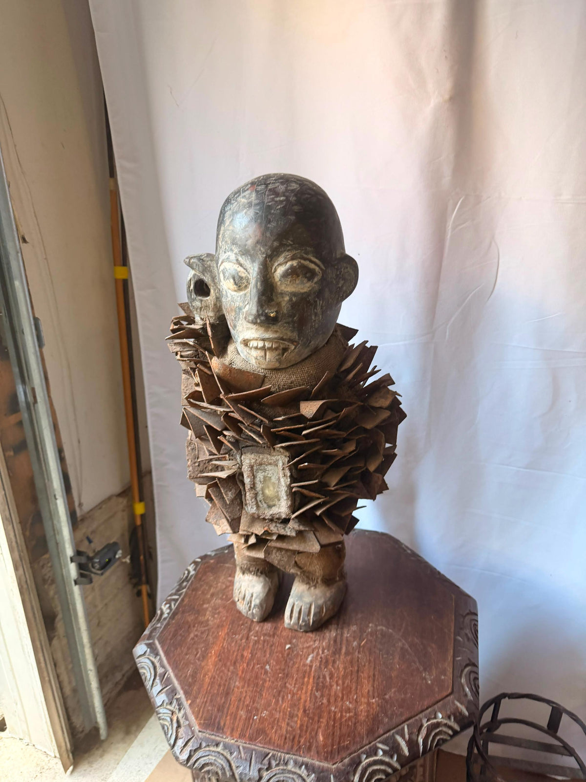 Vintage Kongo Nkisi Nkondi Power Figure Carved Wood Iron Blade Statue 23"
