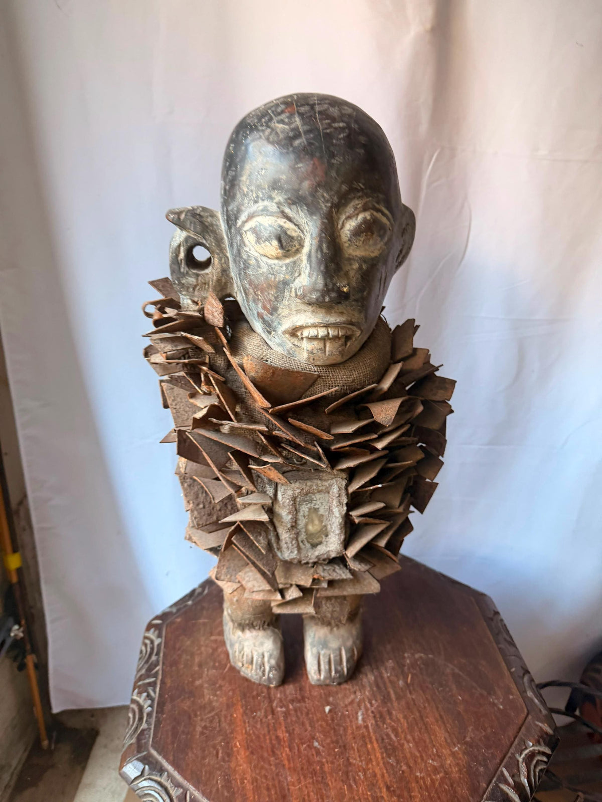 Vintage Kongo Nkisi Nkondi Power Figure Carved Wood Iron Blade Statue 23"