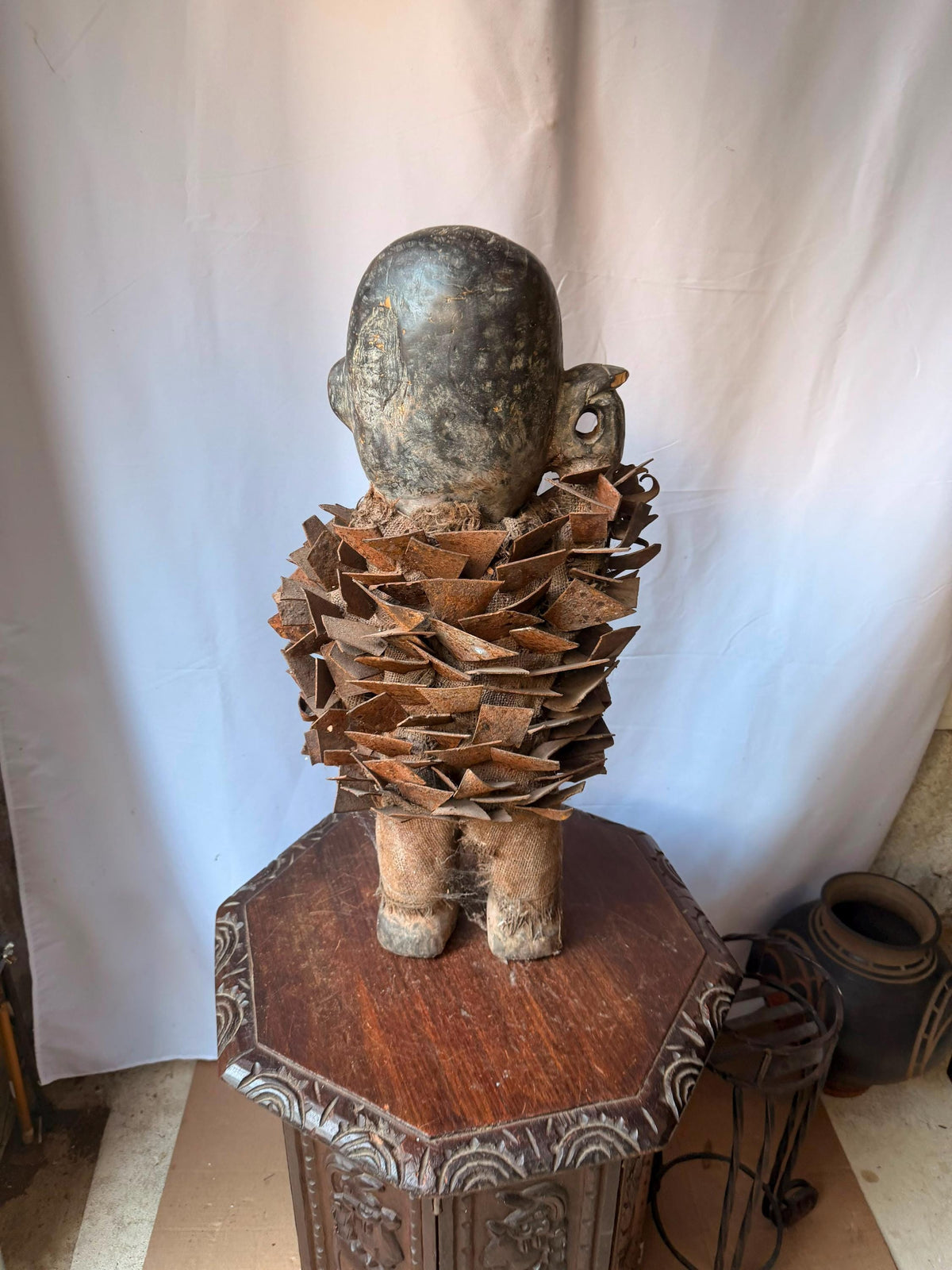Vintage Kongo Nkisi Nkondi Power Figure Carved Wood Iron Blade Statue 23"