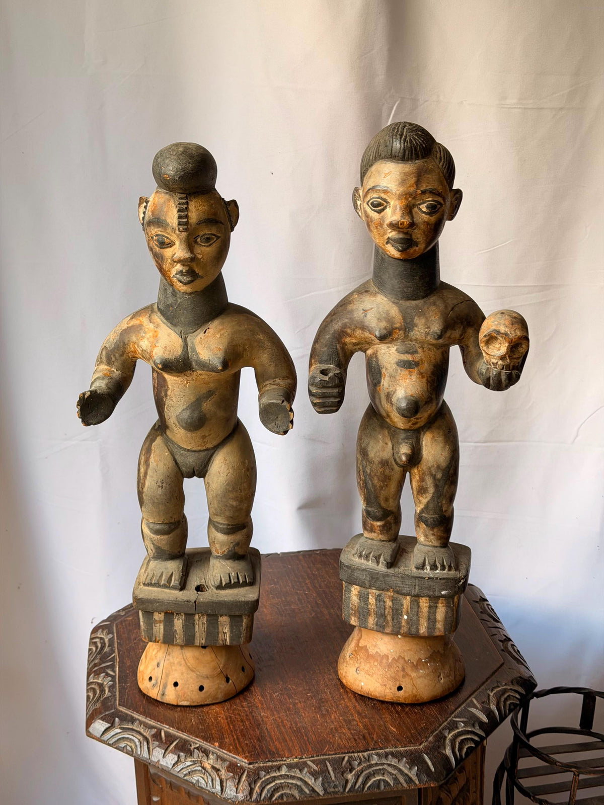 Vintage Igbo Alusi Figure Pair Carved Wood Male Female Skull Statue 22"