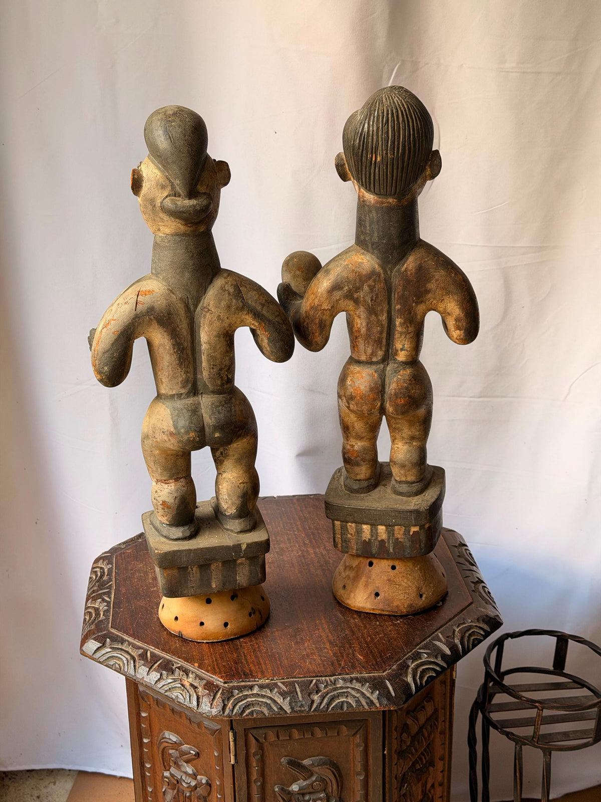 Vintage Igbo Alusi Figure Pair Carved Wood Male Female Skull Statue 22"