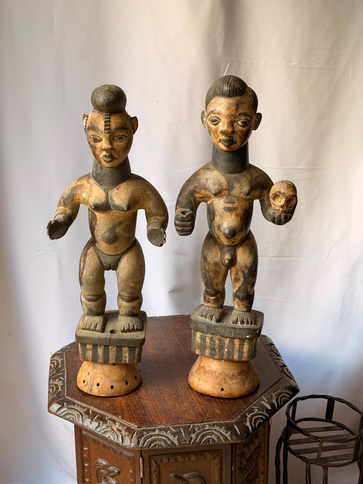 Vintage Igbo Alusi Figure Pair Carved Wood Male Female Skull Statue 22"